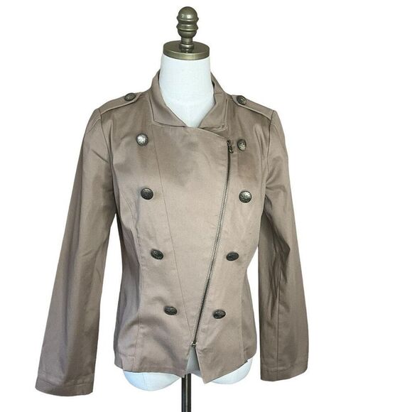 Twiggy LONDON Jackets & Blazers - Twiggy London Womens Size Medium Military Jacket Tan Asymmetrical Front Zip NWOT